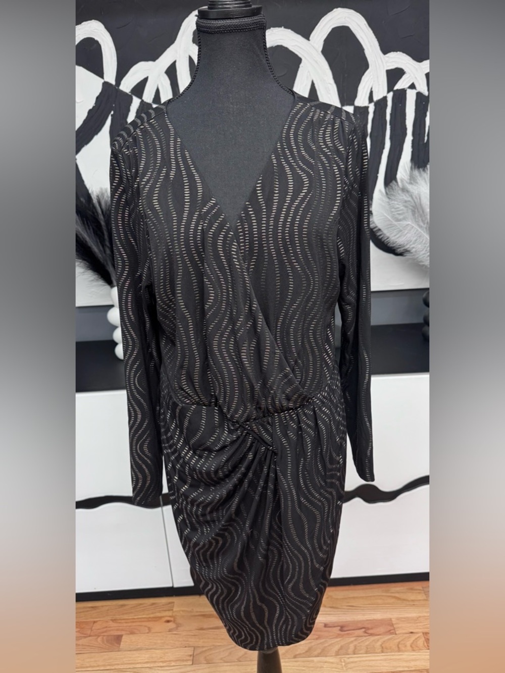 Thalia Sodi Black Gold Sheer Wave Detail Long Sleeve Dress XL Elegant Chic - Picture 3 of 11